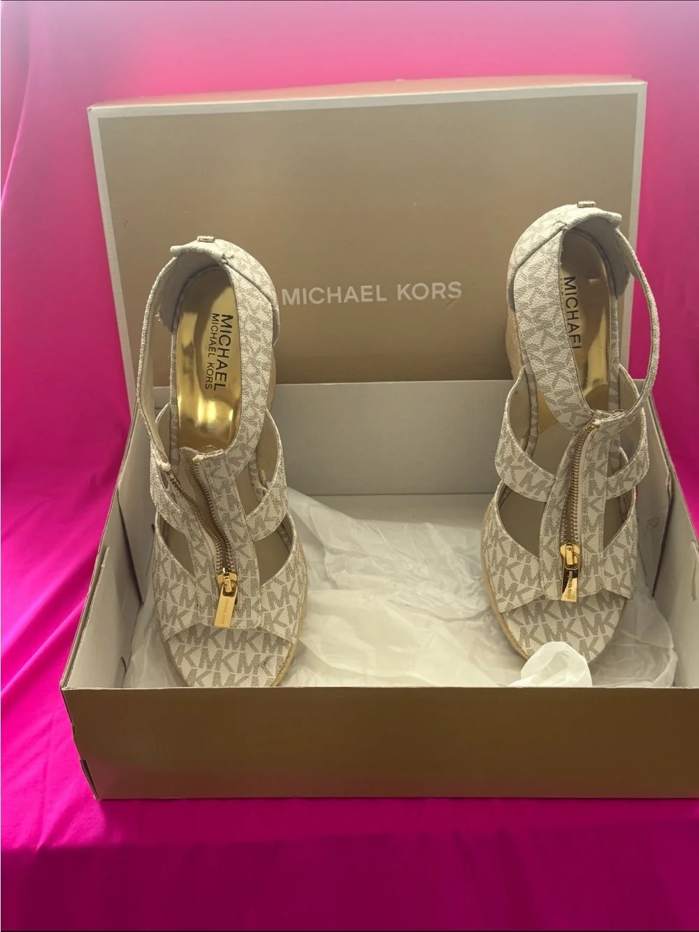 Michael Kors Beige MK Logo Zip-Strap Heels